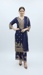 Midnight Navy Embroidered Chiffon 3-Piece Plazo Suit