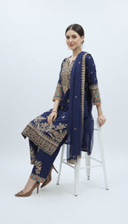 Midnight Navy Embroidered Chiffon 3-Piece Plazo Suit