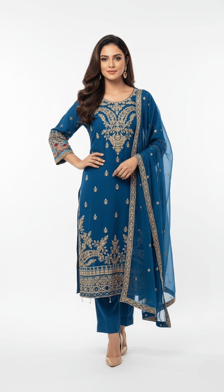 Royal Teal Embroidered Chiffon 3-Piece Plazo Suit