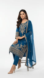 Royal Teal Embroidered Chiffon 3-Piece Plazo Suit