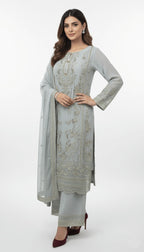 Misty Grey Pearl Embellished Chiffon 3-Piece Plazo Suit