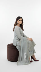 Misty Grey Pearl Embellished Chiffon 3-Piece Plazo Suit