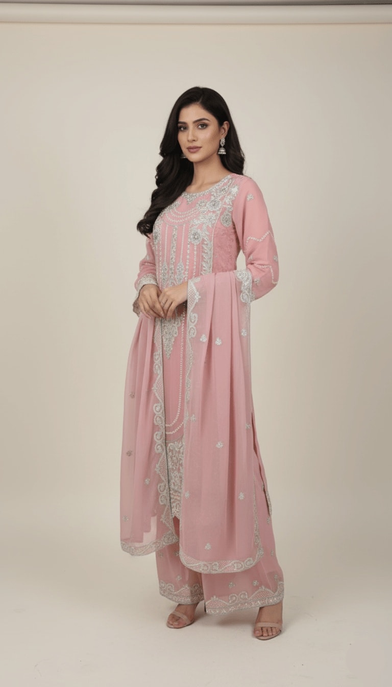 Pink Chiffon Ensemble with Silver Embellishments 3-Piece Plazo Suit