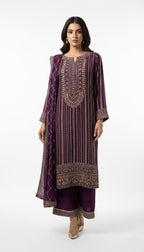 Royal Purple Gold Embroidered Chiffon 3-Piece Plazo Suit