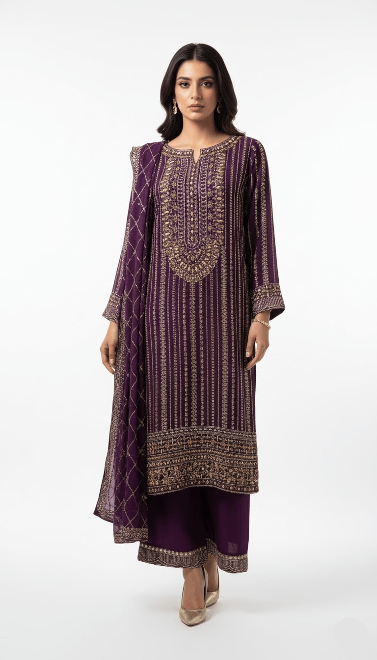 Royal Purple Gold Embroidered Chiffon 3-Piece Plazo Suit