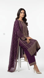Royal Purple Gold Embroidered Chiffon 3-Piece Plazo Suit