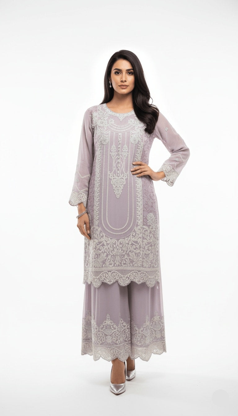 Lavender Mist Silver Embroidered Chiffon 3-Piece Sharara Suit
