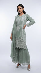 Sage Mint Embroidered Chiffon 3-Piece Sharara Suit