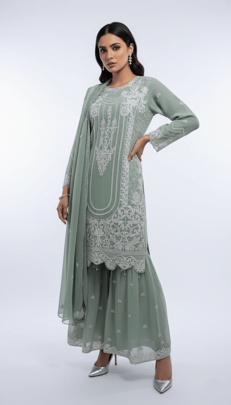 Sage Mint Embroidered Chiffon 3-Piece Sharara Suit