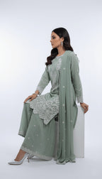 Sage Mint Embroidered Chiffon 3-Piece Sharara Suit