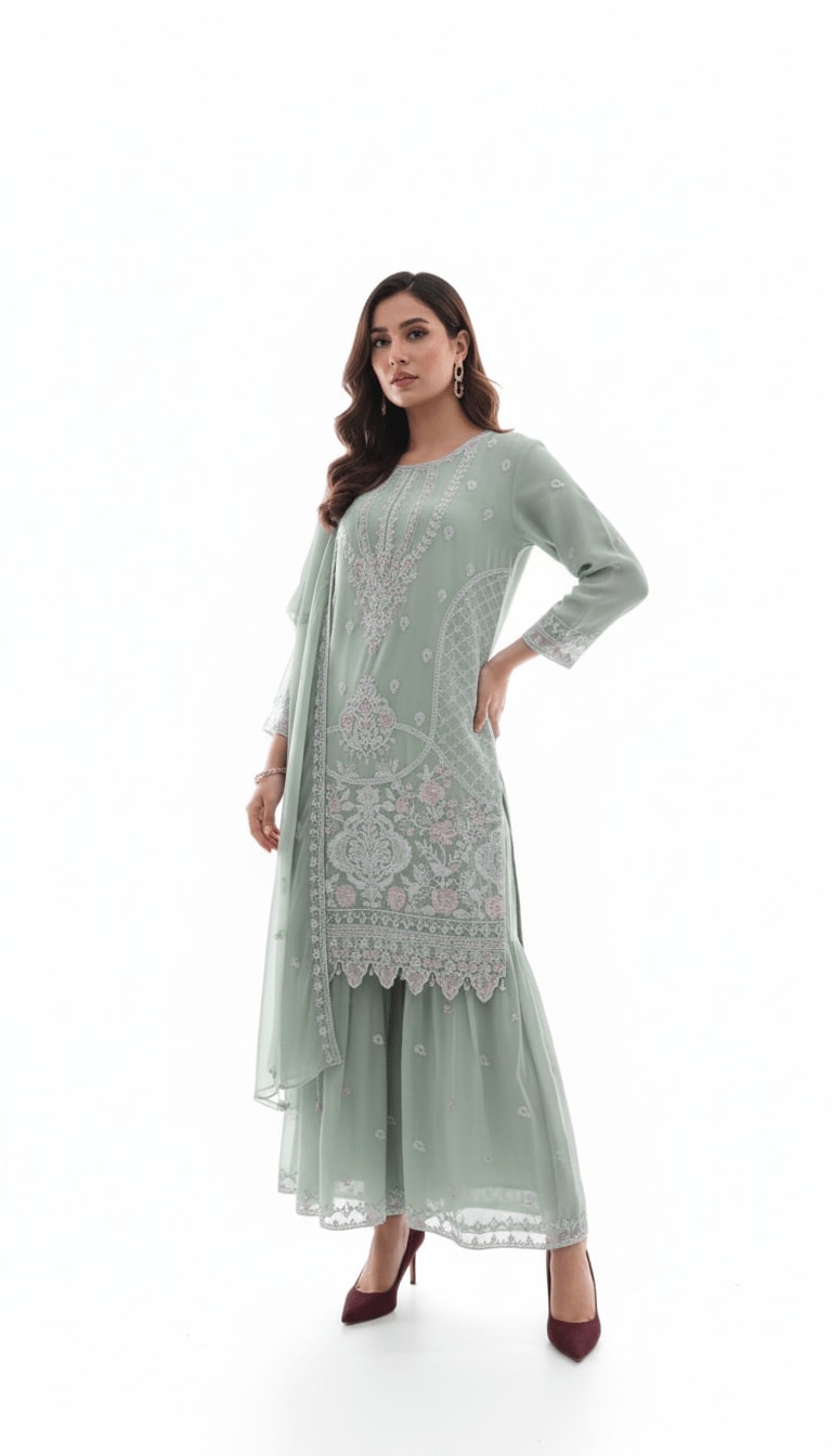 Sage Green Floral Embroidered Chiffon 3-Piece Sharara Suit