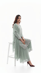 Sage Green Floral Embroidered Chiffon 3-Piece Sharara Suit