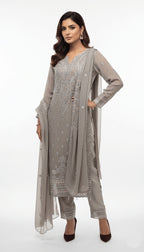 Dove Grey Pastel Embroidered Chiffon 3-Piece Straight Suit