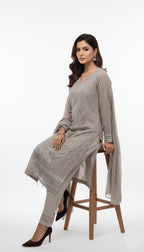 Dove Grey Pastel Embroidered Chiffon 3-Piece Straight Suit