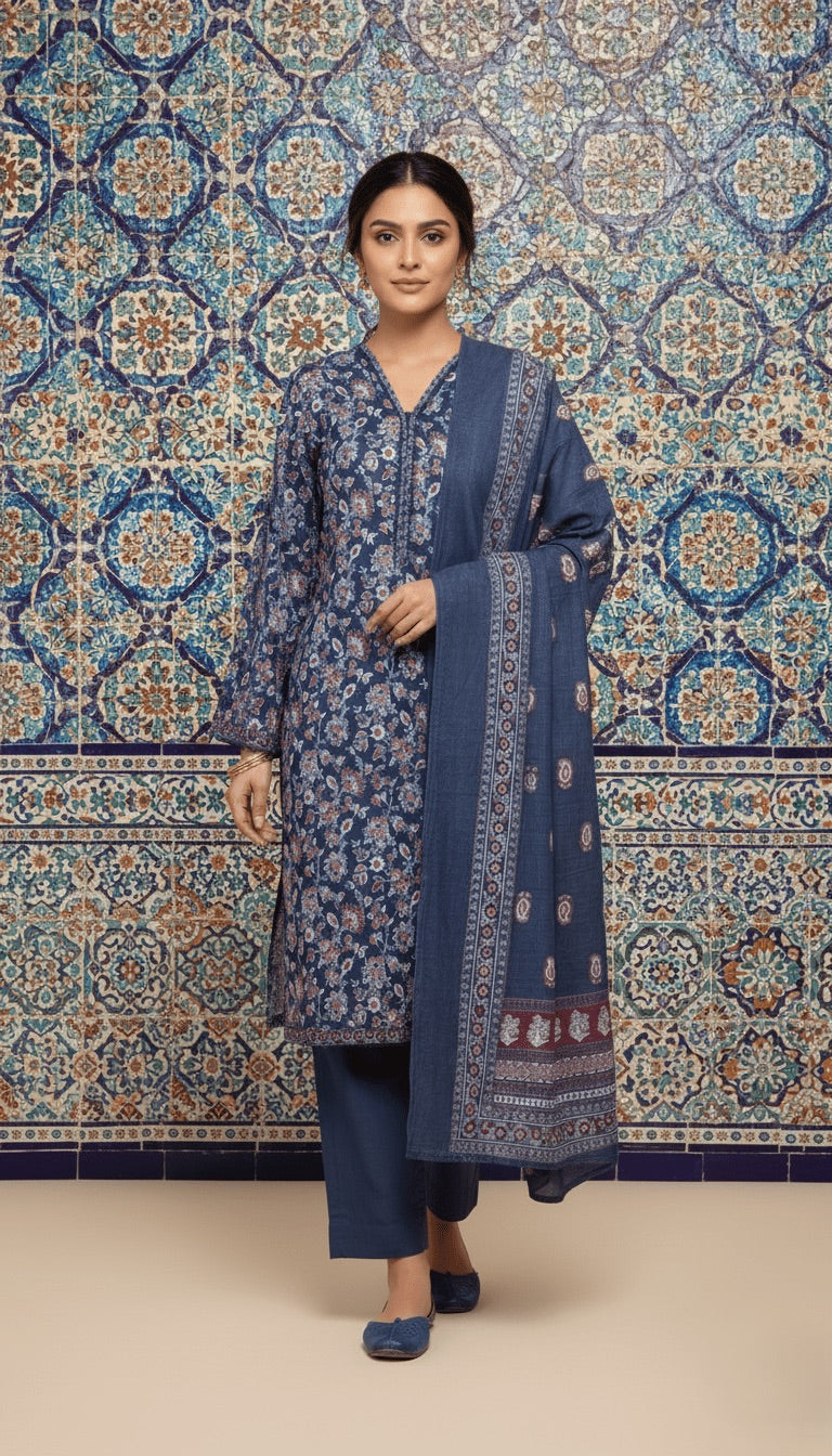 Binsaeed Cobalt Blue Tile Print Khaddar 3PC Suit with Shawl | SuitsMeUK