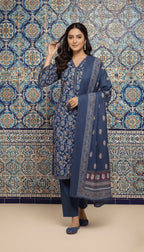 Binsaeed Cobalt Blue Tile Print Khaddar 3PC Suit with Shawl | SuitsMeUK