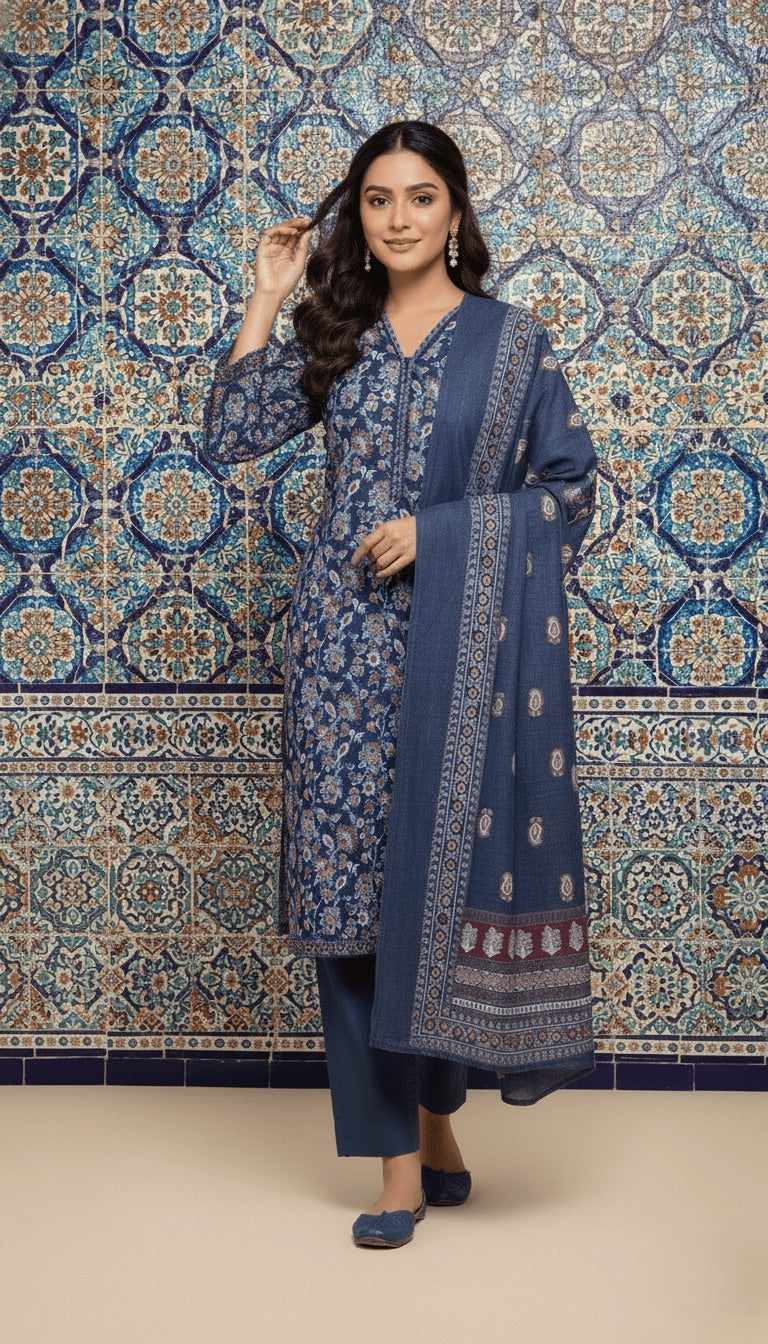 Binsaeed Cobalt Blue Tile Print Khaddar 3PC Suit with Shawl | SuitsMeUK