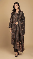 Binsaeed Dark Brown Earth Tone Floral Khaddar 3PC Suit with Shawl | SuitsMeUK