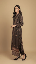 Binsaeed Dark Brown Earth Tone Floral Khaddar 3PC Suit with Shawl | SuitsMeUK