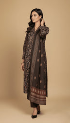 Binsaeed Dark Brown Earth Tone Floral Khaddar 3PC Suit with Shawl | SuitsMeUK