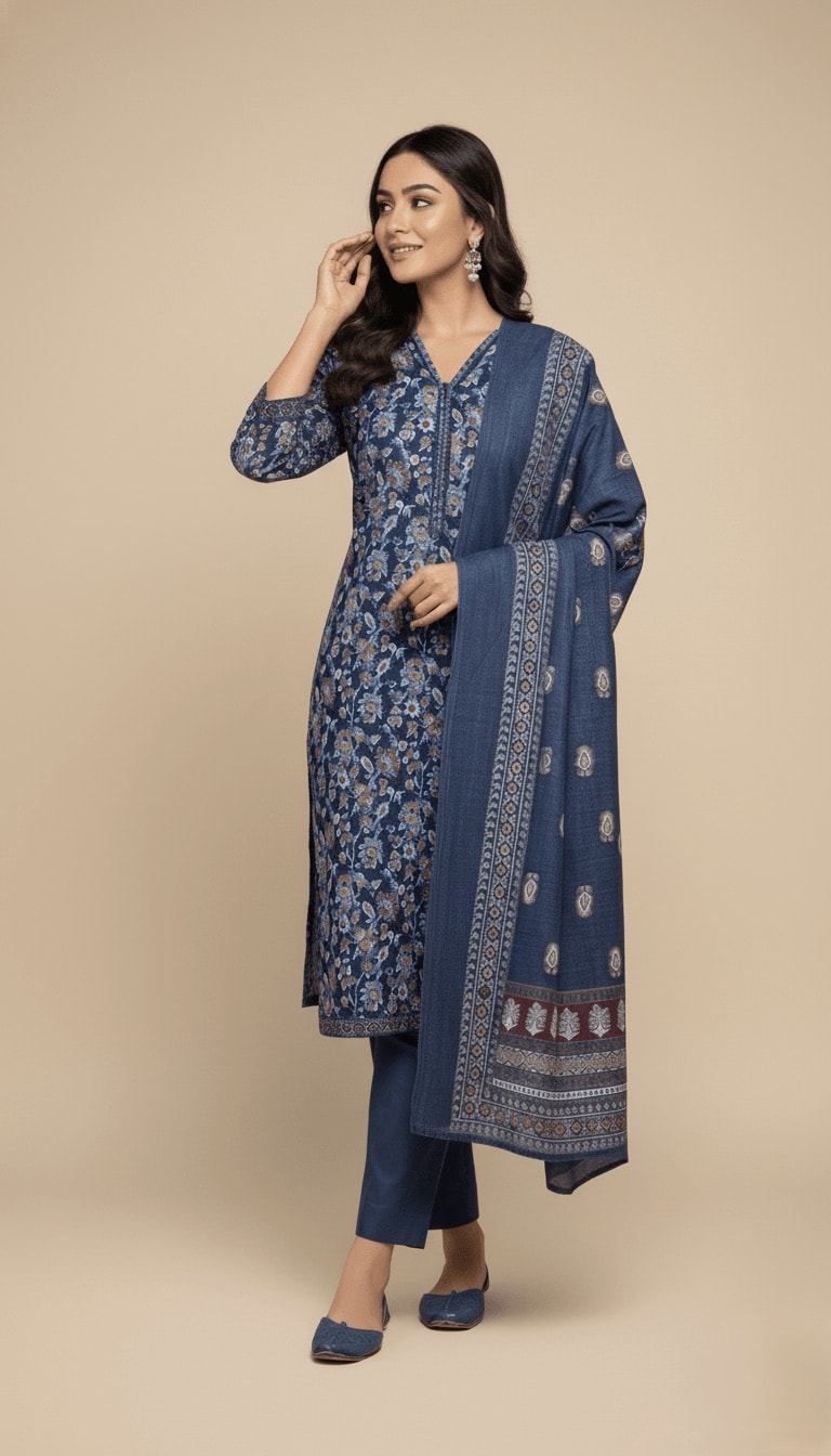 Binsaeed Deep Blue Floral Print Khaddar 3PC Suit with Shawl | SuitsMeUK