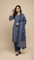 Binsaeed Deep Blue Floral Print Khaddar 3PC Suit with Shawl | SuitsMeUK