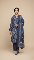 Binsaeed Deep Blue Floral Print Khaddar 3PC Suit with Shawl | SuitsMeUK