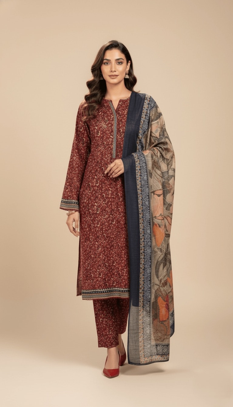 Binsaeed Deep Maroon Micro Print Khaddar 3PC Suit with Shawl | SuitsMeUK