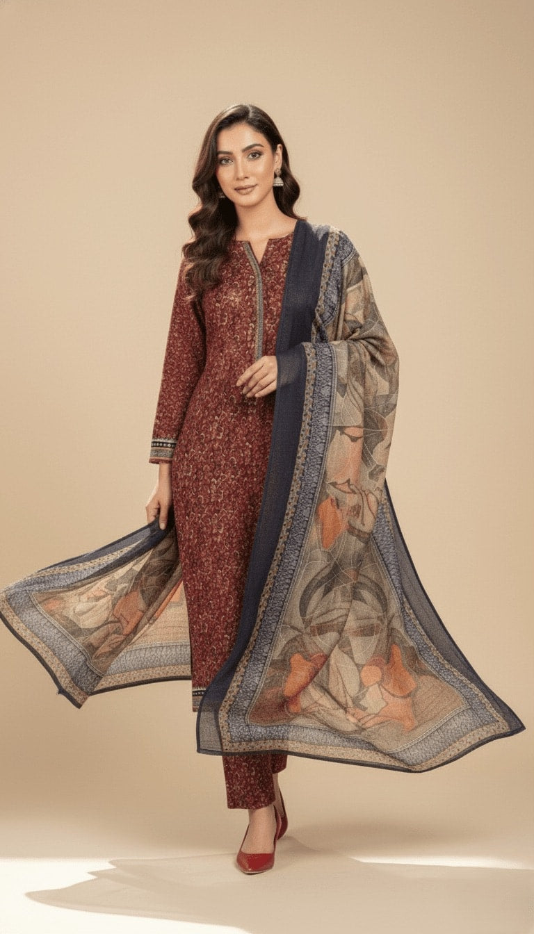 Binsaeed Deep Maroon Micro Print Khaddar 3PC Suit with Shawl | SuitsMeUK