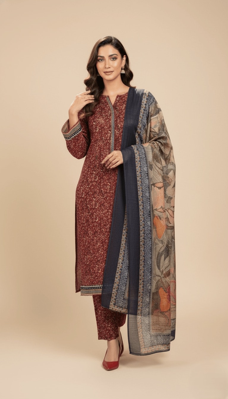 Binsaeed Deep Maroon Micro Print Khaddar 3PC Suit with Shawl | SuitsMeUK
