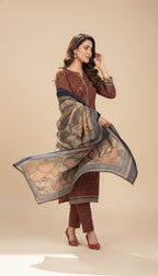 Binsaeed Deep Maroon Micro Print Khaddar 3PC Suit with Shawl | SuitsMeUK