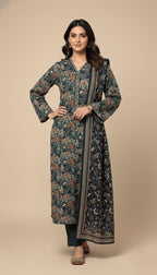 Binsaeed Deep Teal Floral Print Khaddar 3PC Suit with Shawl Binsaeed | SuitsMeUK