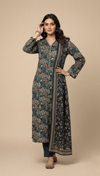 Binsaeed Deep Teal Floral Print Khaddar 3PC Suit with Shawl Binsaeed | SuitsMeUK