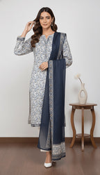 Binsaeed Light Grey Floral Print Khaddar 3PC Suit with Shawl | SuitsMeUK