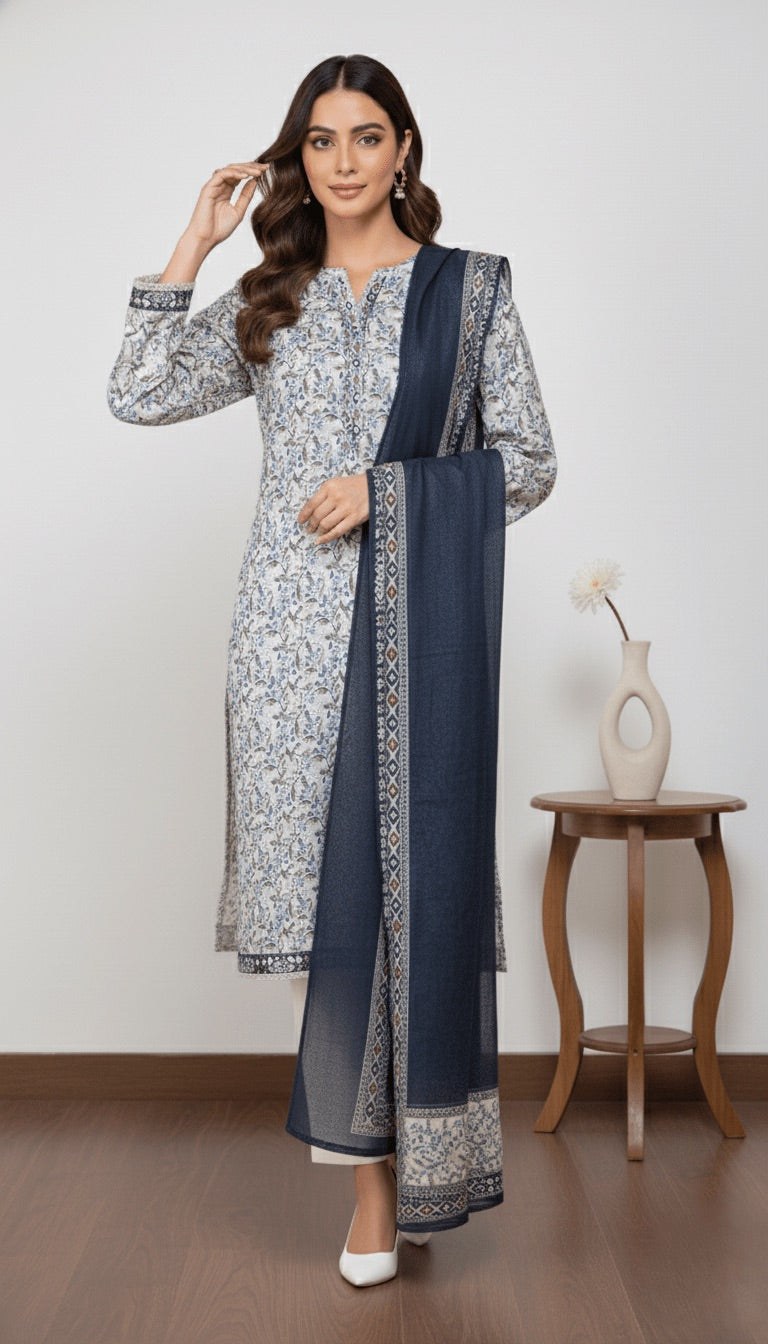 Binsaeed Light Grey Floral Print Khaddar 3PC Suit with Shawl | SuitsMeUK