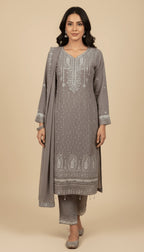 Dove Grey Embroidered Chiffon 3-Piece Trouser Suit