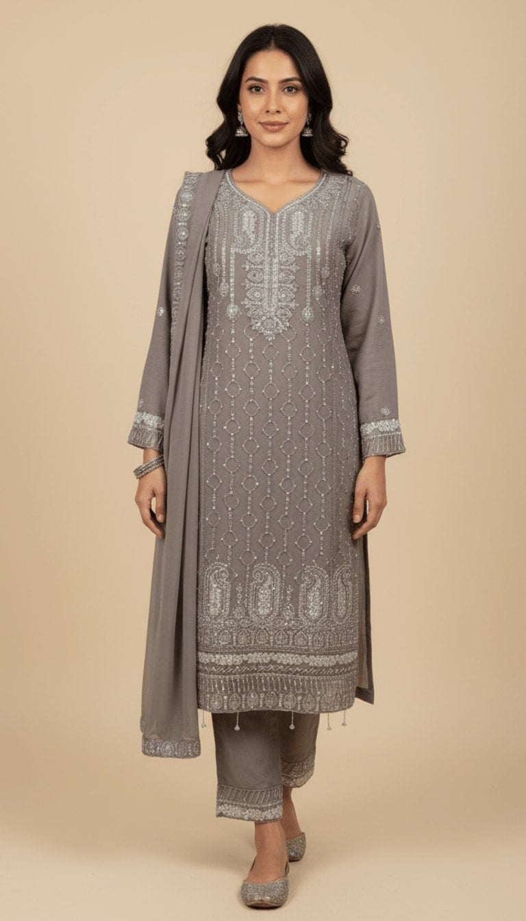 Dove Grey Embroidered Chiffon 3-Piece Trouser Suit