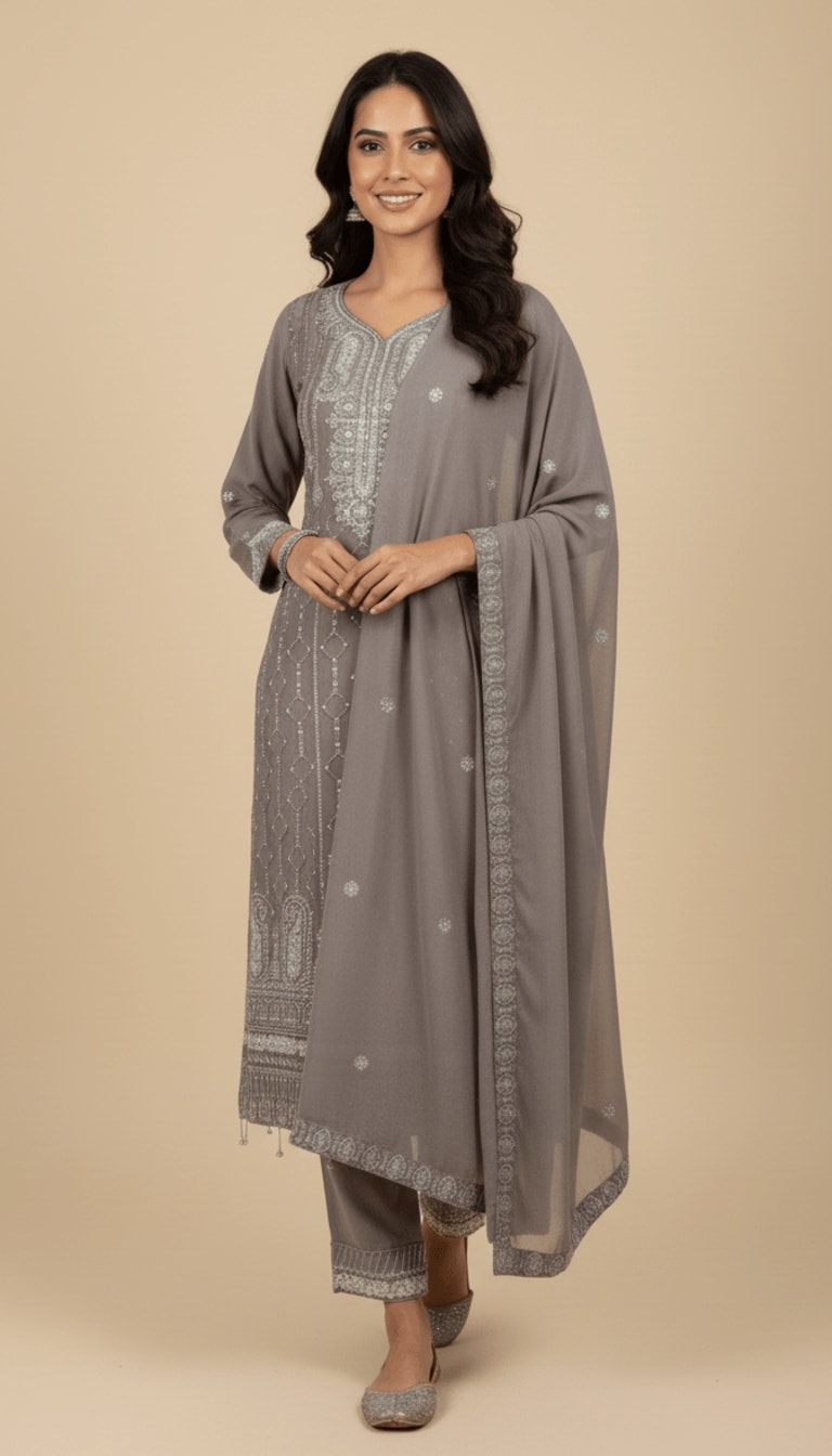 Dove Grey Embroidered Chiffon 3-Piece Trouser Suit