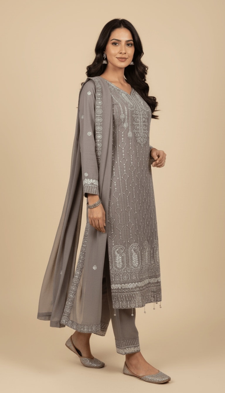 Dove Grey Embroidered Chiffon 3-Piece Trouser Suit