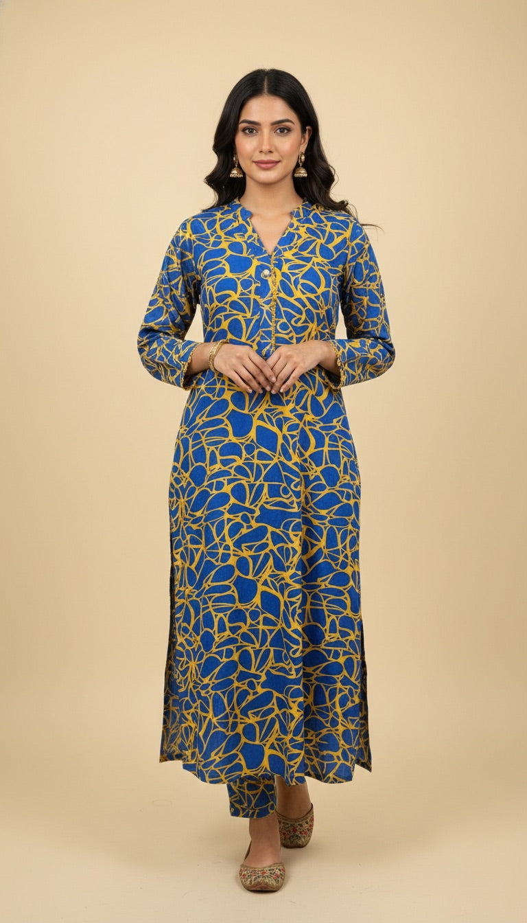 Blue Yellow Abstract Print Cotton Khaddar 2 Piece Coord Set | SuitsMeUK