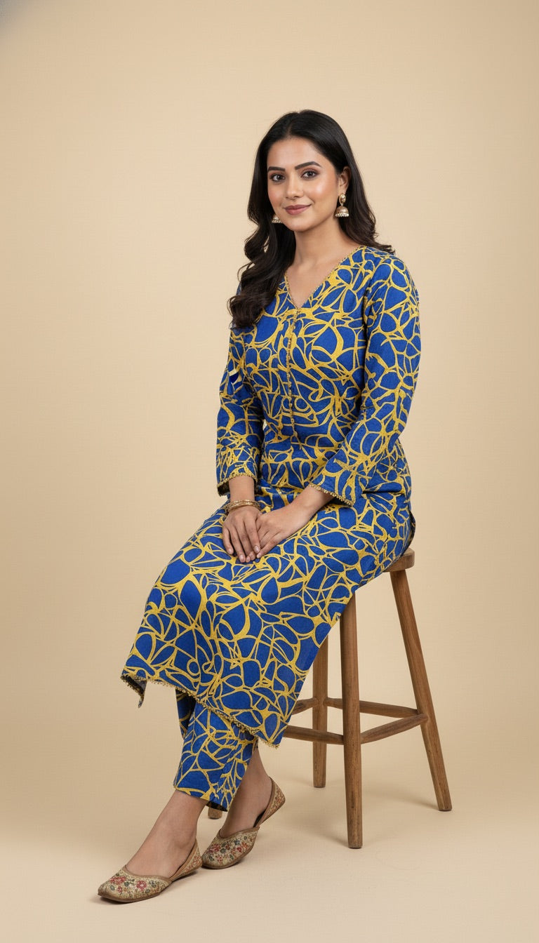 Blue Yellow Abstract Print Cotton Khaddar 2 Piece Coord Set | SuitsMeUK