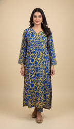 Blue Yellow Abstract Print Cotton Khaddar 2 Piece Coord Set | SuitsMeUK