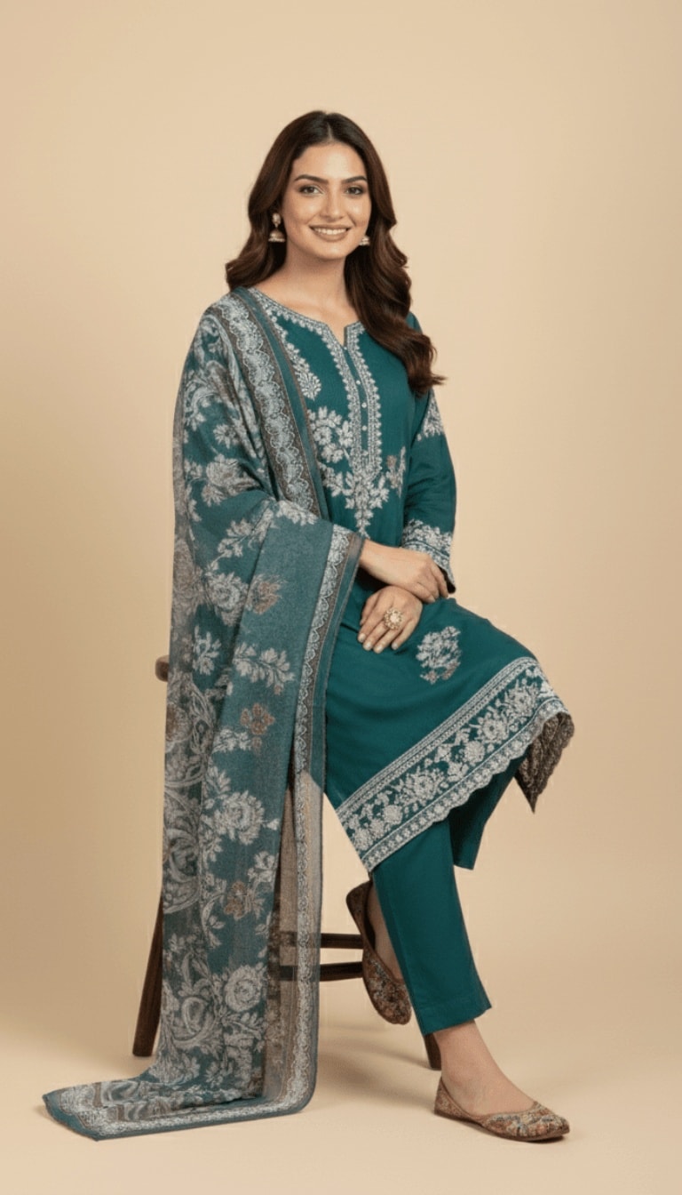 Teal Enchantment Embroidered Cotton 3-Piece Trouser Suit