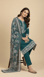 Teal Enchantment Embroidered Cotton 3-Piece Trouser Suit
