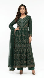 Forest Green Gold Embroidered Chiffon 3-Piece Frock Suit