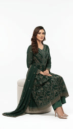 Forest Green Gold Embroidered Chiffon 3-Piece Frock Suit