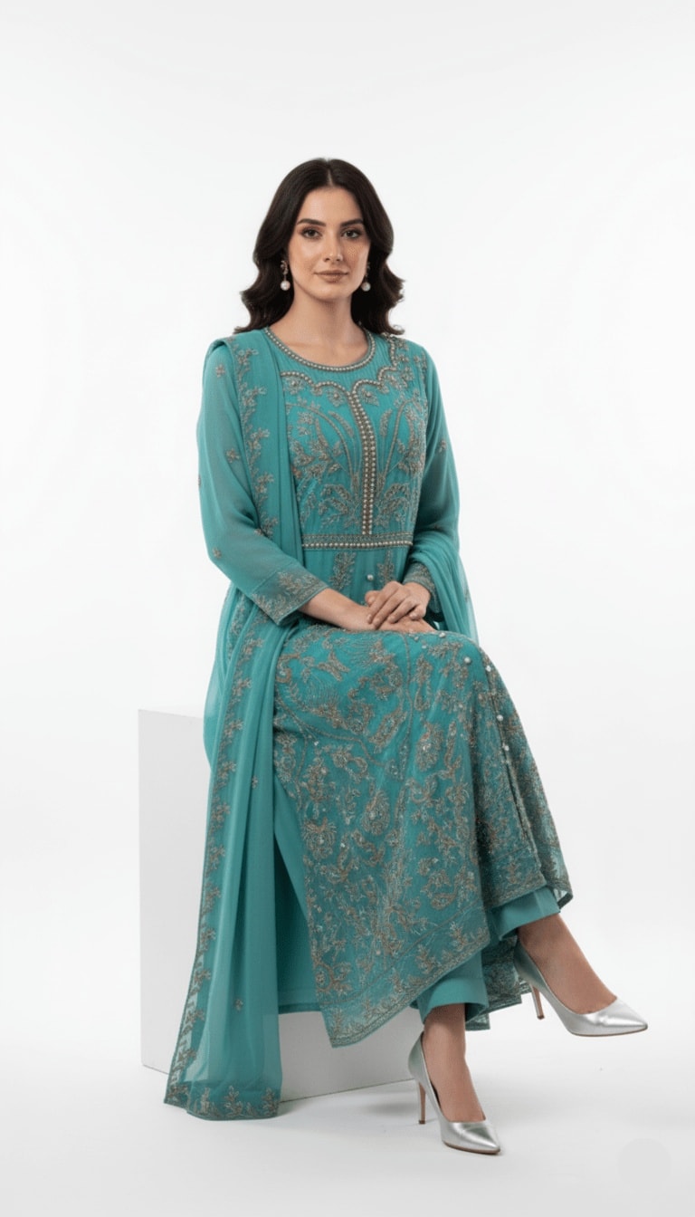 Turquoise Pearl Gold Embroidered Chiffon 3-Piece Anarkali Suit