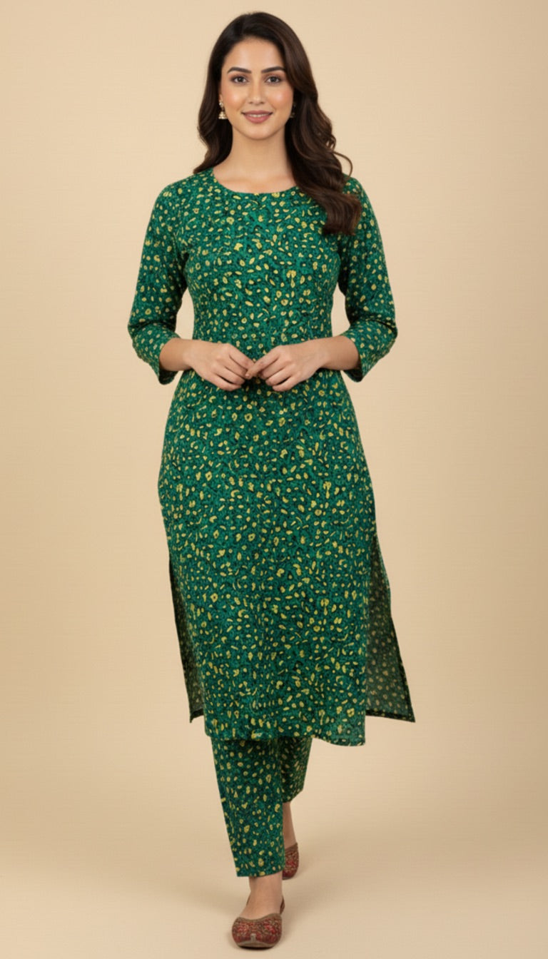 Green Yellow Micro Print Khaddar 2PC Coord Suit | SuitsMeUK