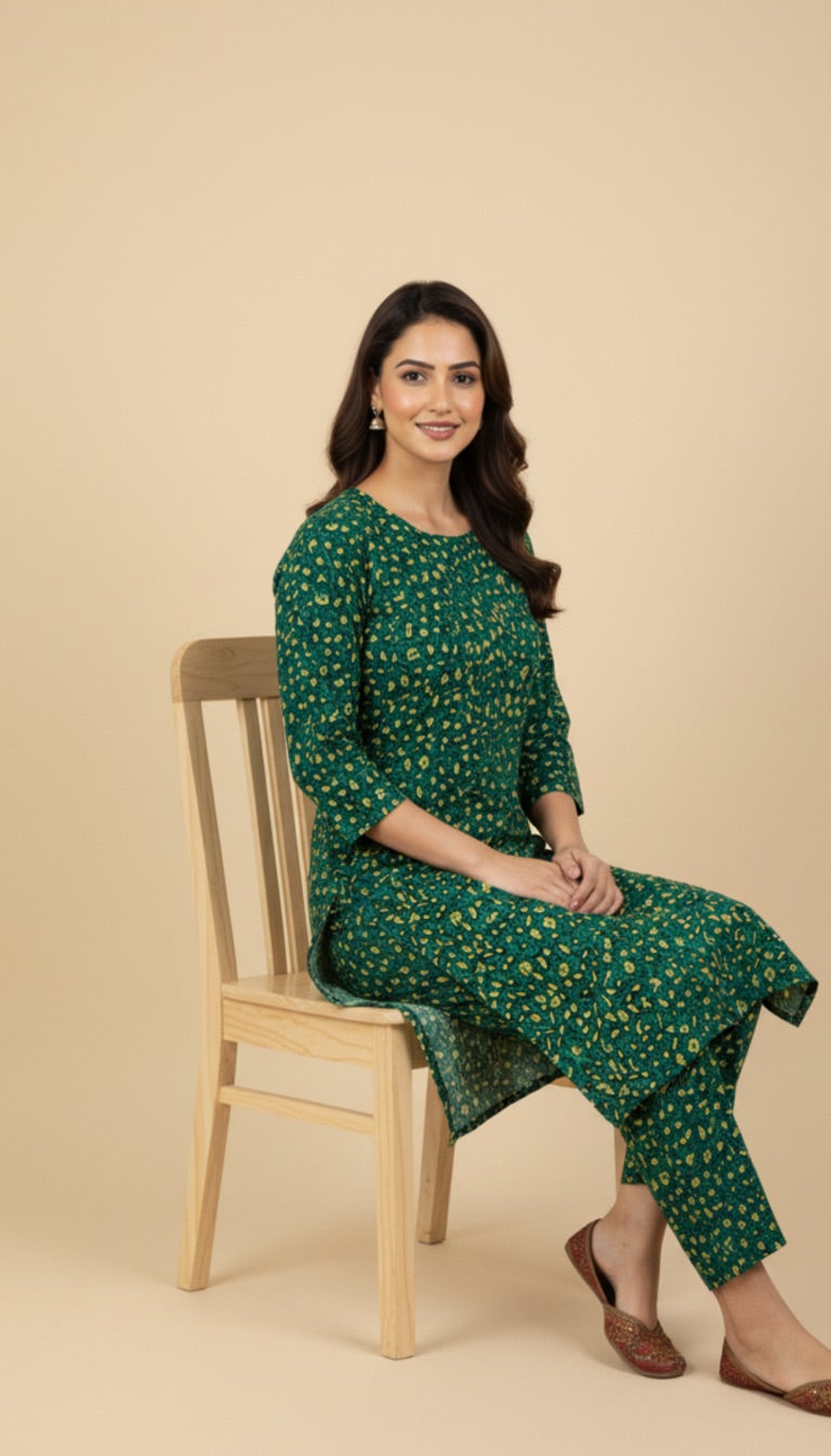 Green Yellow Micro Print Khaddar 2PC Coord Suit | SuitsMeUK