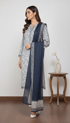 Binsaeed Grey Blue Floral Print Khaddar 3PC Suit with Shawl | SuitsMeUK